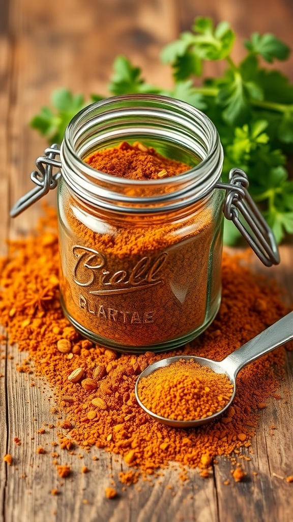 A jar of homemade 7 spice seasoning blend with various spices on a wooden table.